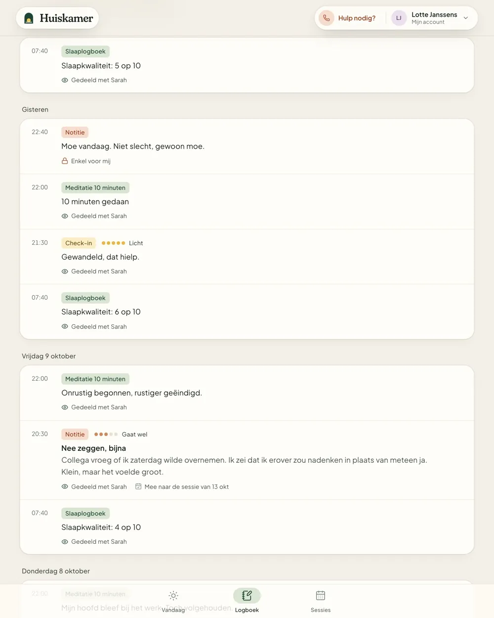 Het logboek van een cliënt, met een notitie enkel voor zichzelf tussen wat gedeeld is met de psycholoog