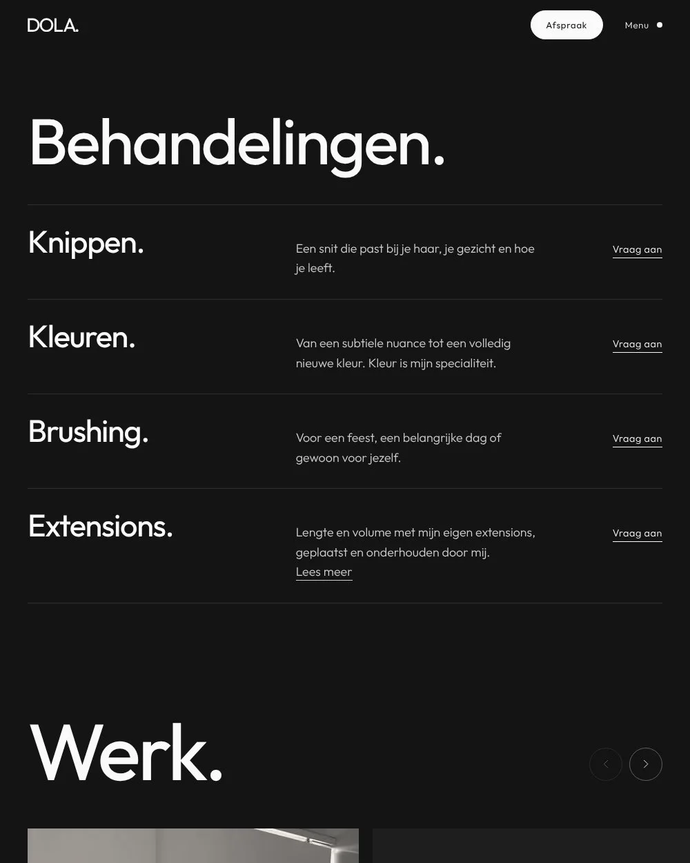 De behandelingen van Salon Dola op een smal scherm