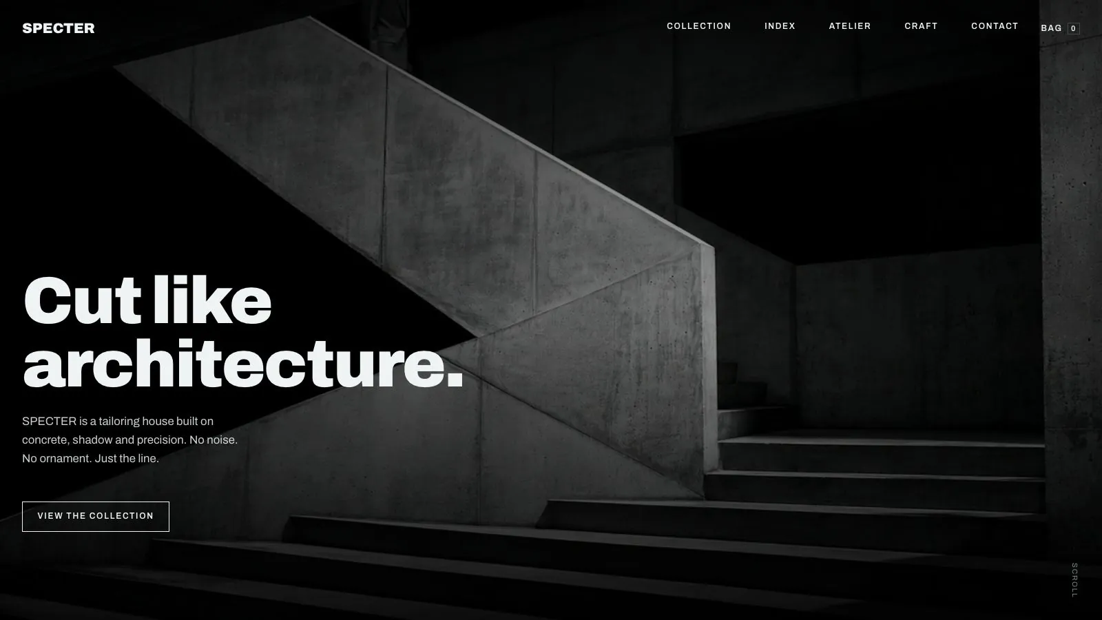 Specter homepage: ’Cut like architecture’ hero over een betonnen trap