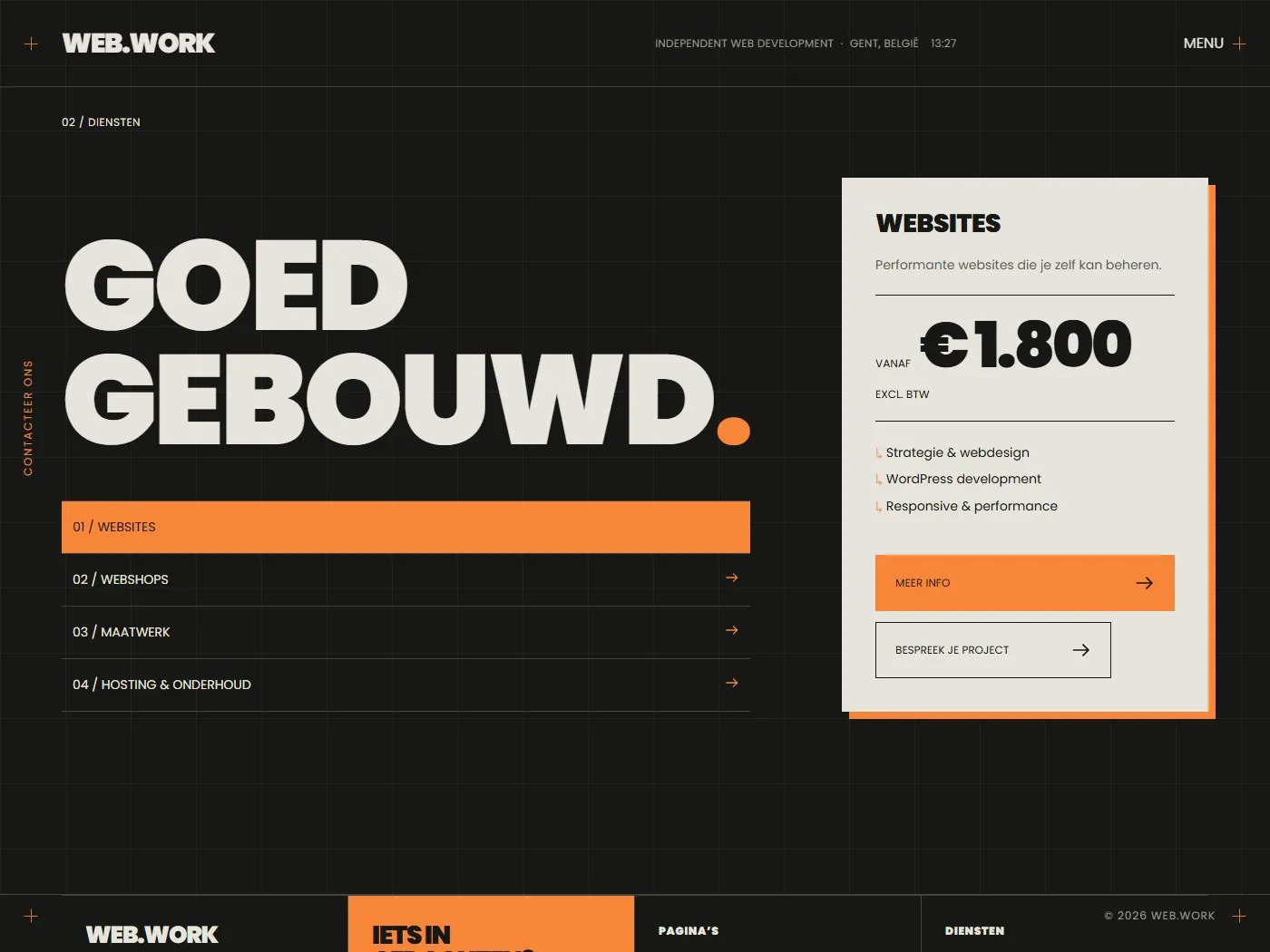 De dienstenpagina van web-work.be, met de prijs per dienst