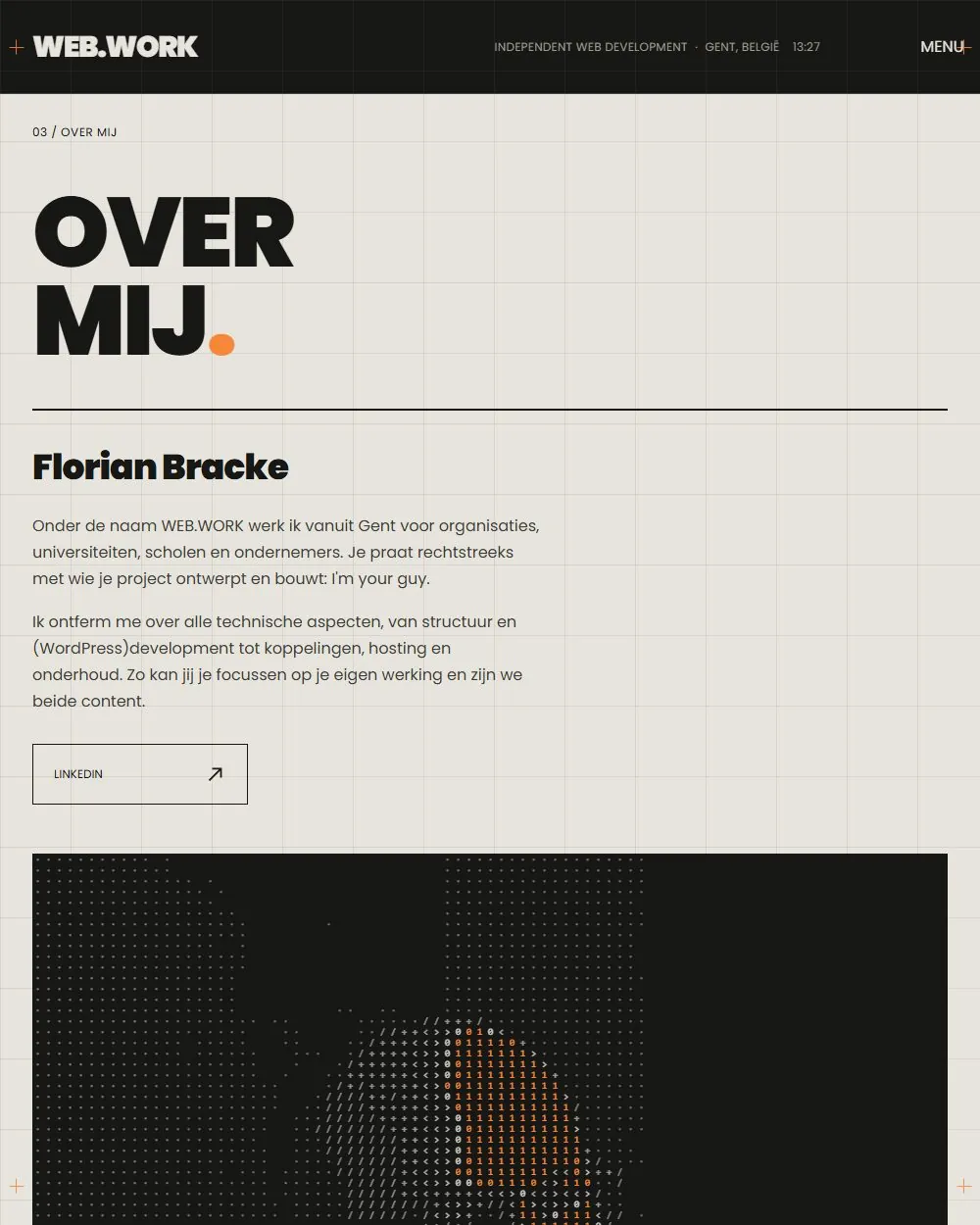 De pagina Over mij op web-work.be, met een portret uit bits